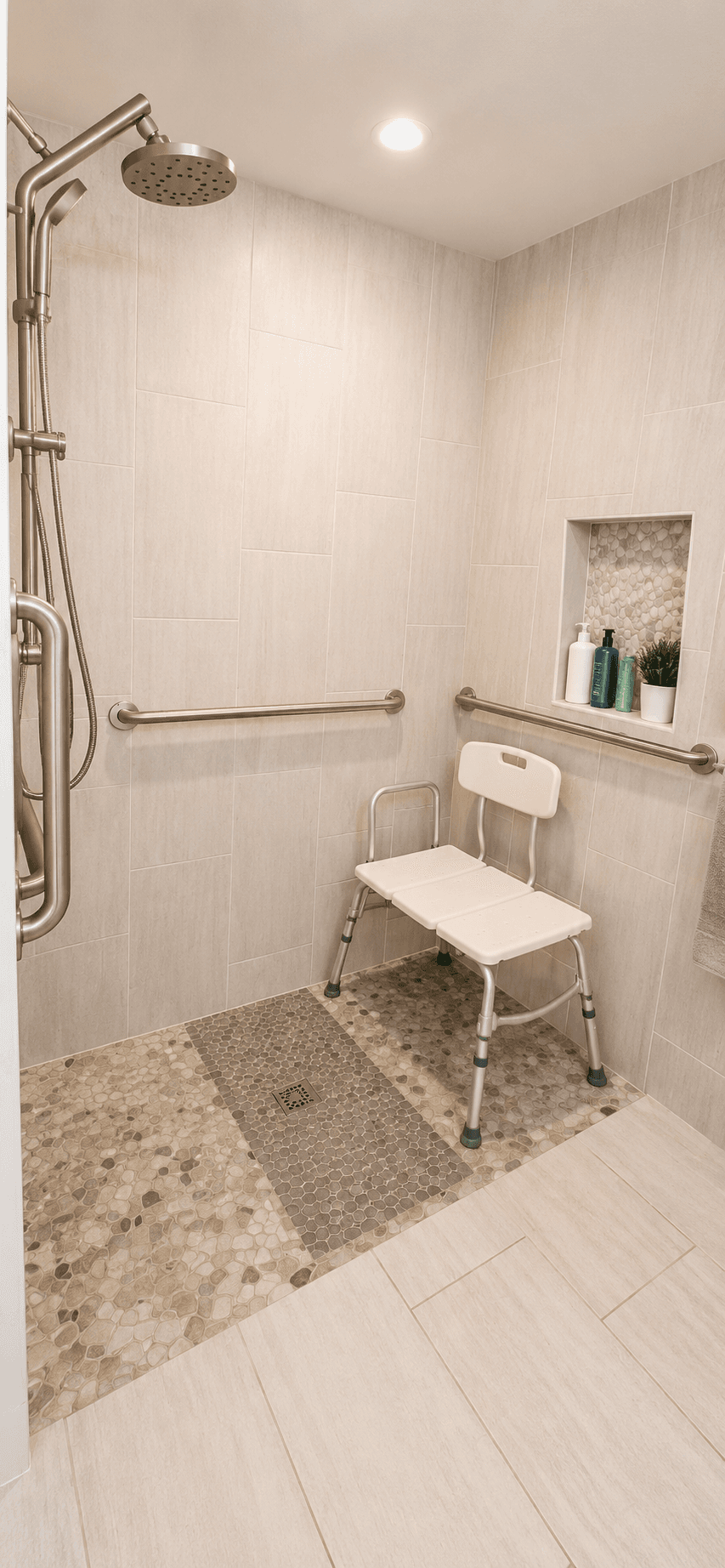 Accessible walk-in shower with grab bars and shower chair